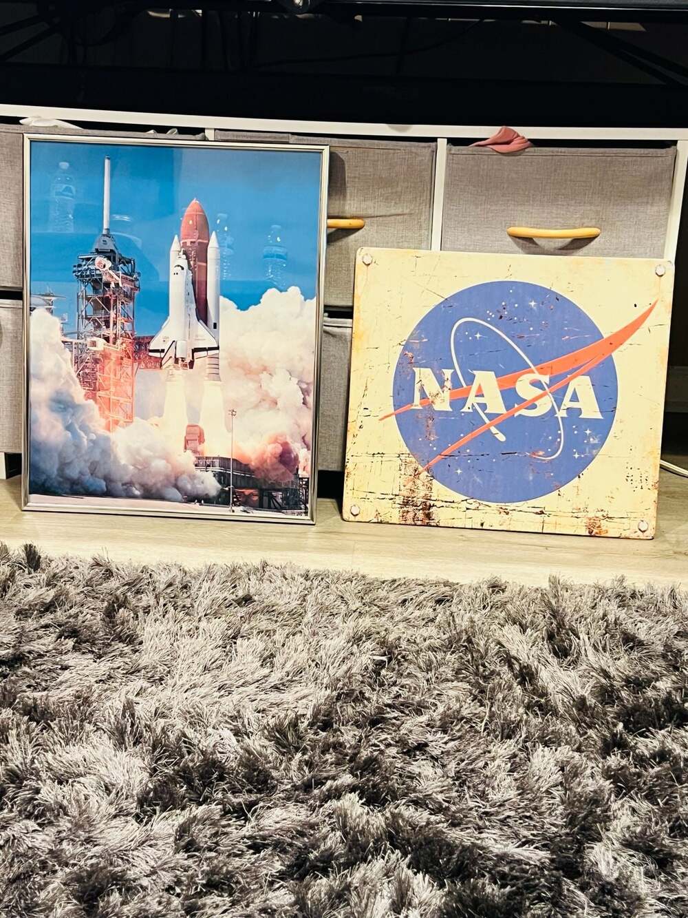 NASA Space Shuttle Challenger Framed Poster and Vintage Style Metal Sign Set